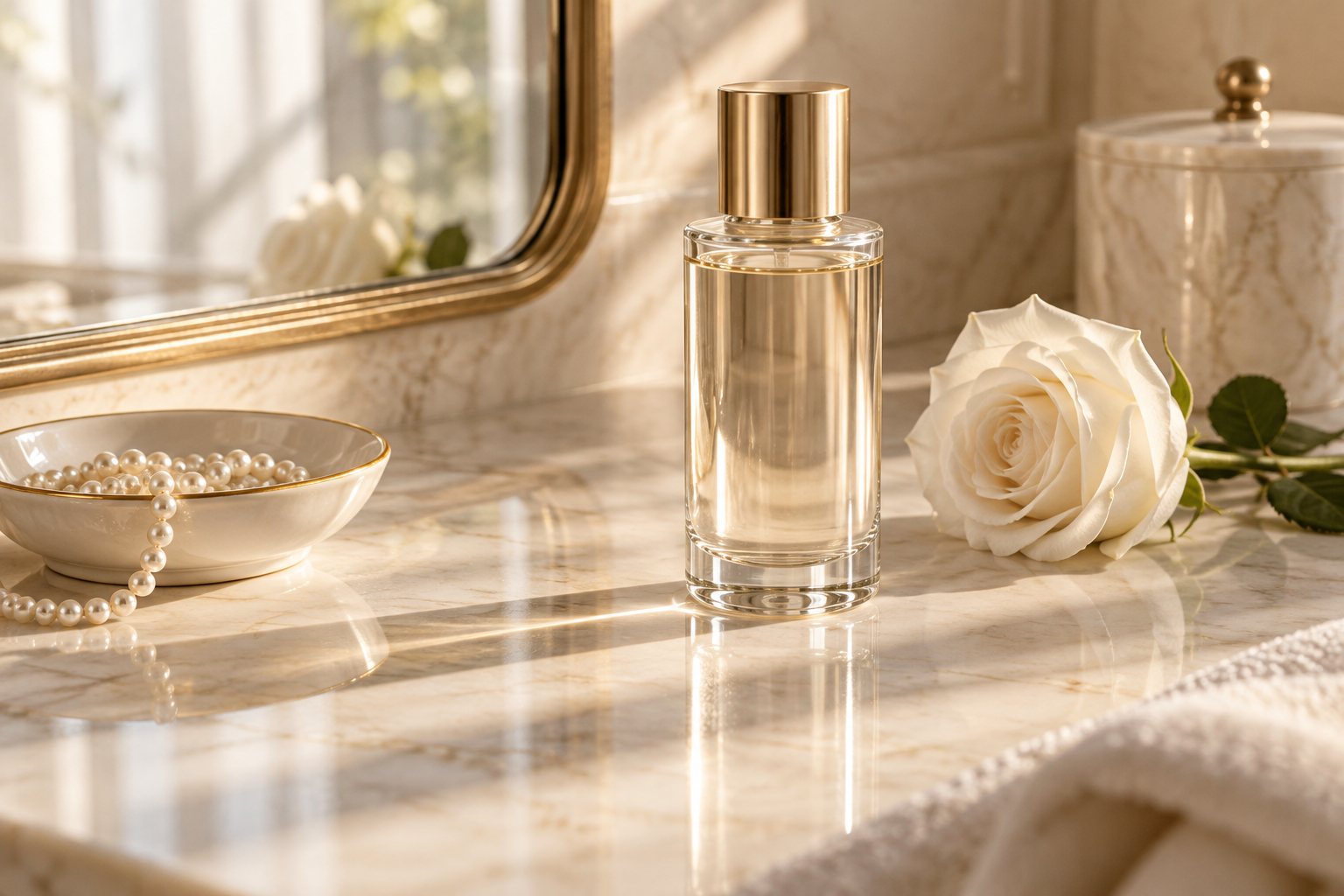 A glass cosmetic bottle, pearls and a white rose on a marble vanity